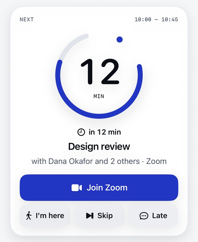 Next card in cobalt: Design review in 12 minutes, with a Join Zoom button.