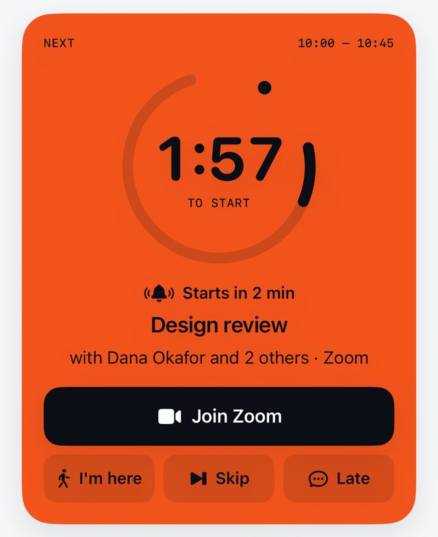 Next card in signal orange: 1:57 to start.